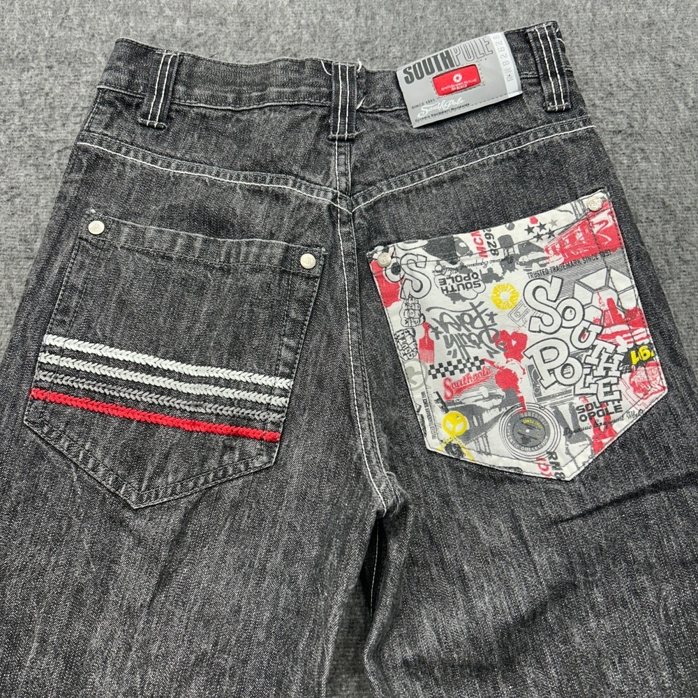 Vintgae‎ 90s Y2K Southpole Black Denim Ornate Wide Leg Baggy Jeans Youth 12